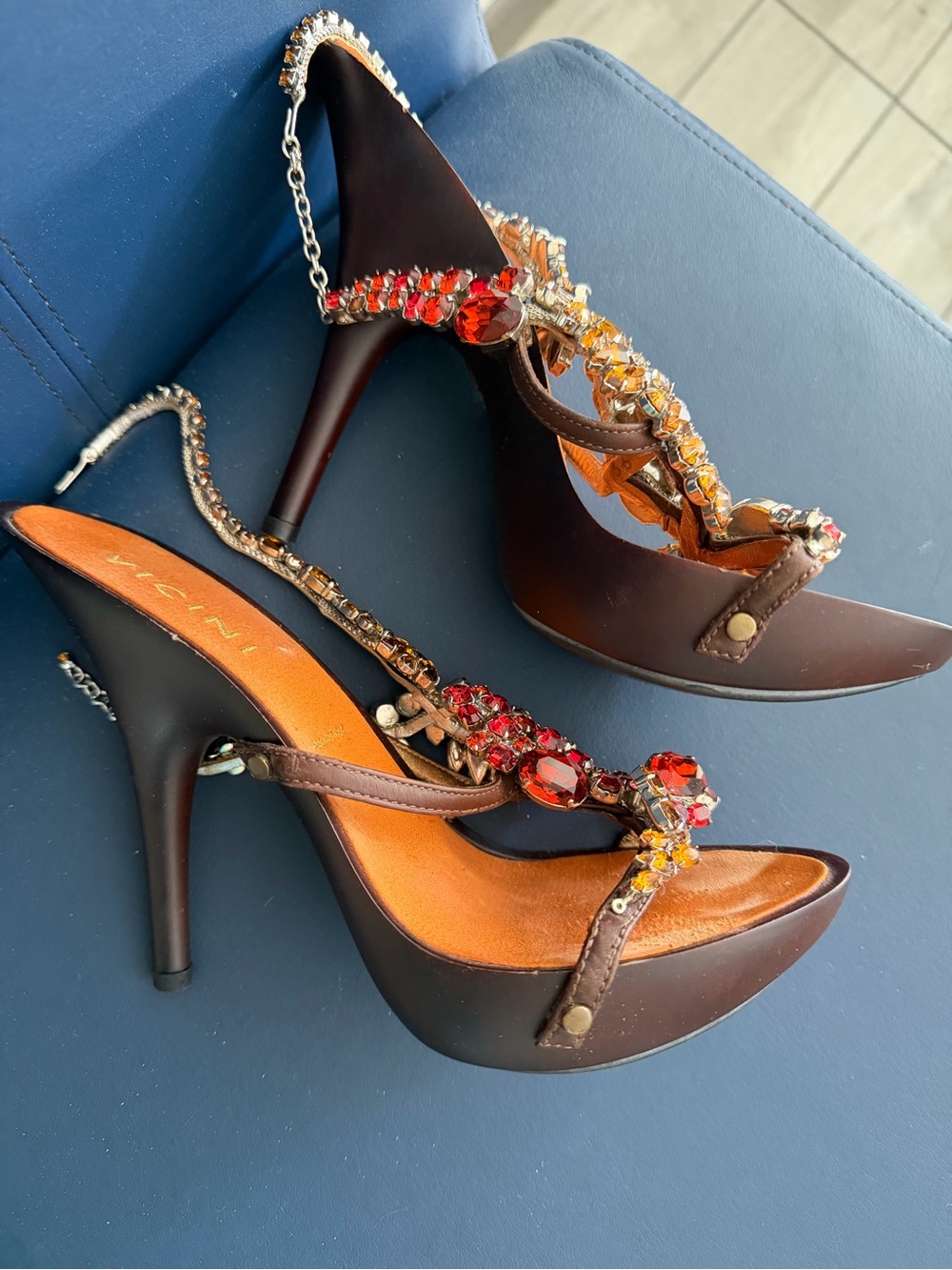 Giuseppe Zanotti Brown Leather Sandals with Red & Yellow Crystal Straps - Picture 4 of 6